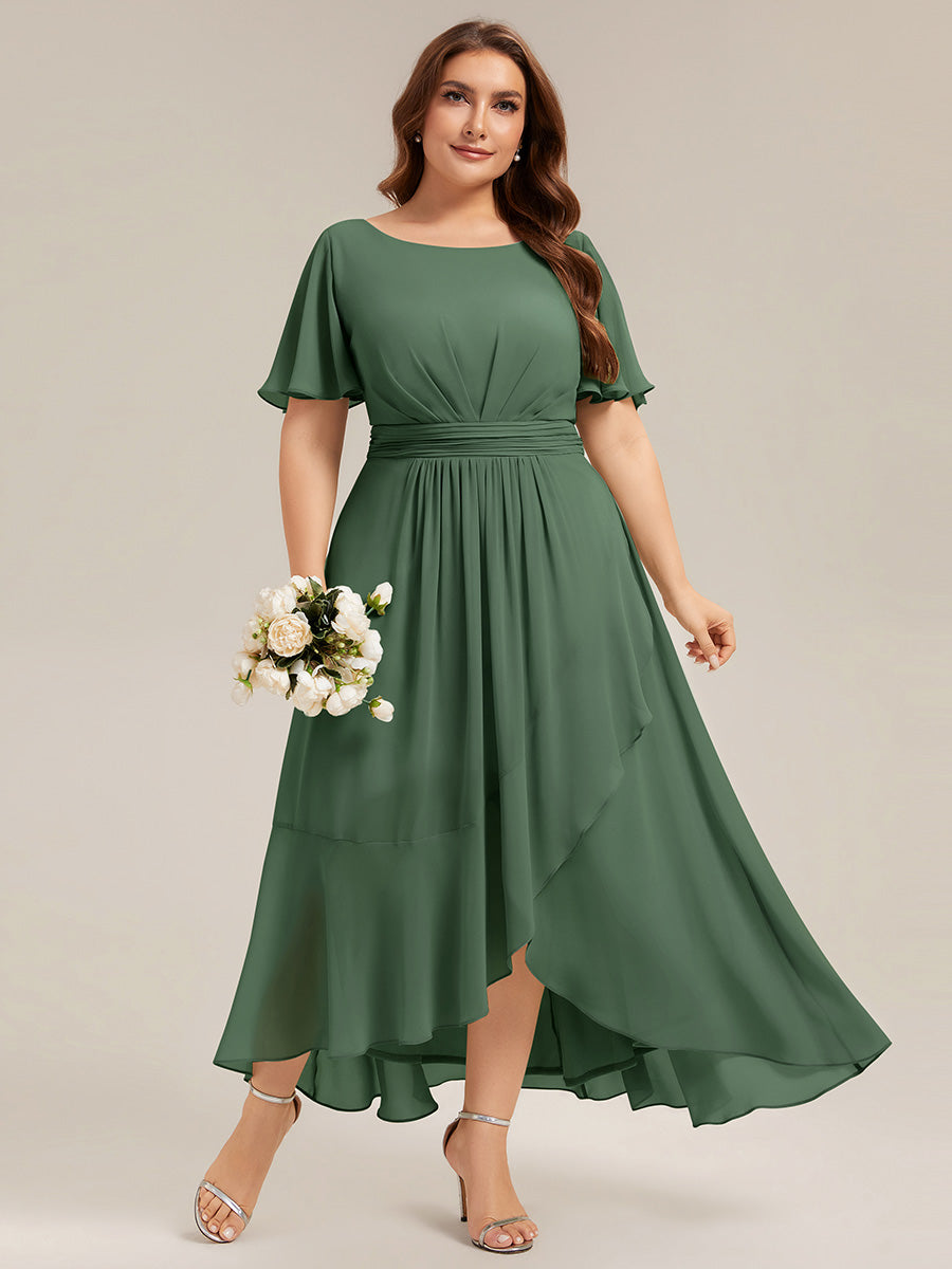 High-Low Chiffon Kleid Mit Rundhalsausschnitt Asymmetrischem Saum Gerüschten Und Rüschen Details Faltenoptik #Farbe_Eukalyptus