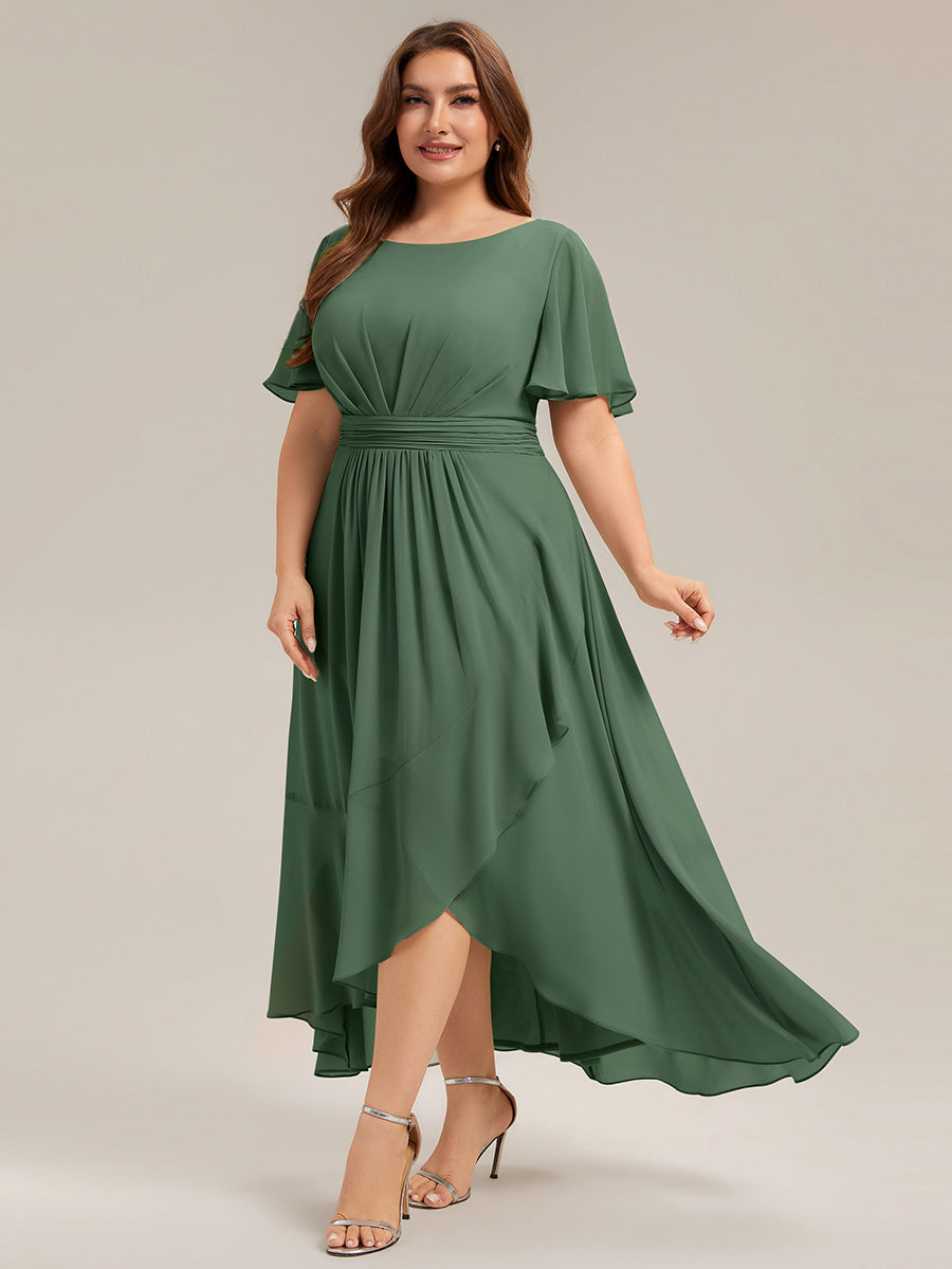 High-Low Chiffon Kleid Mit Rundhalsausschnitt Asymmetrischem Saum Gerüschten Und Rüschen Details Faltenoptik #Farbe_Eukalyptus