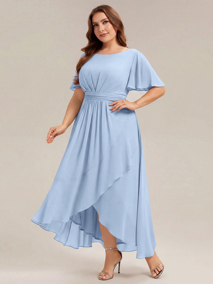High-Low Chiffon Kleid Mit Rundhalsausschnitt Asymmetrischem Saum Gerüschten Und Rüschen Details Faltenoptik #Farbe_Eisblau