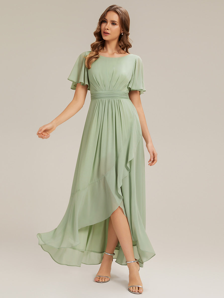 High-Low Chiffon Kleid Mit Rundhalsausschnitt Asymmetrischem Saum Gerüschten Und Rüschen Details Faltenoptik #Farbe_Mintgrün