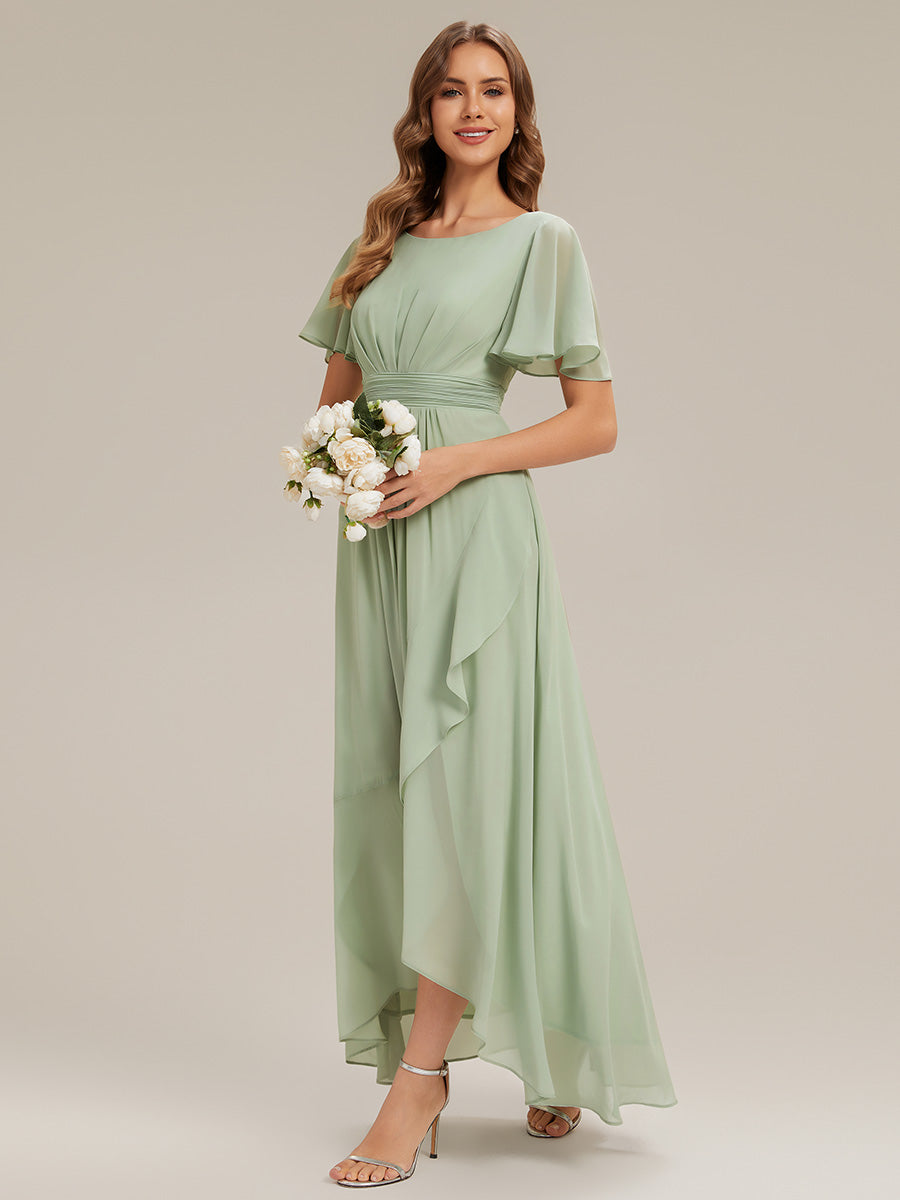 High-Low Chiffon Kleid Mit Rundhalsausschnitt Asymmetrischem Saum Gerüschten Und Rüschen Details Faltenoptik #Farbe_Mintgrün