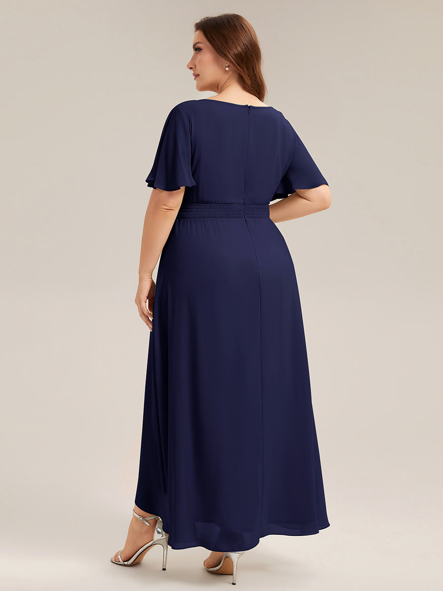 High-Low Chiffon Kleid Mit Rundhalsausschnitt Asymmetrischem Saum Gerüschten Und Rüschen Details Faltenoptik #Farbe_Marineblau
