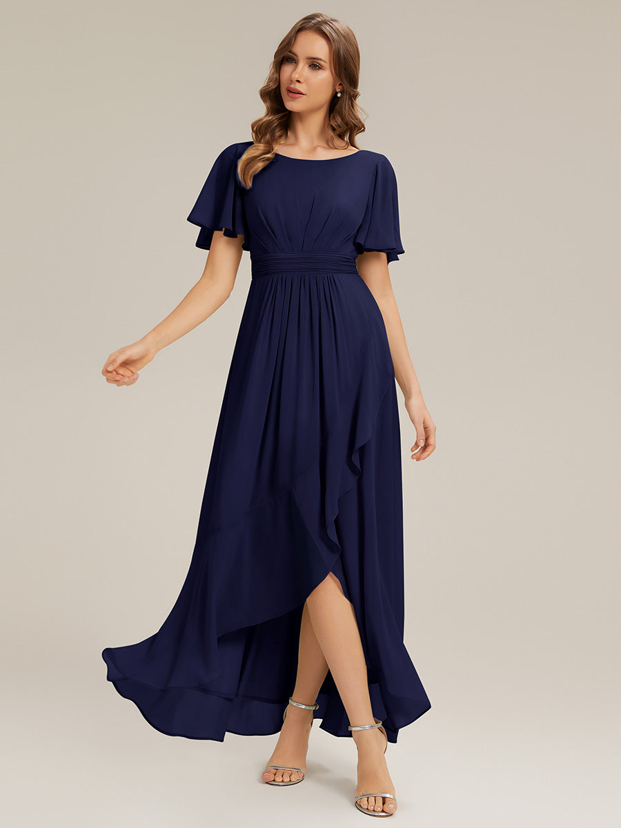 High-Low Chiffon Kleid Mit Rundhalsausschnitt Asymmetrischem Saum Gerüschten Und Rüschen Details Faltenoptik #Farbe_Marineblau