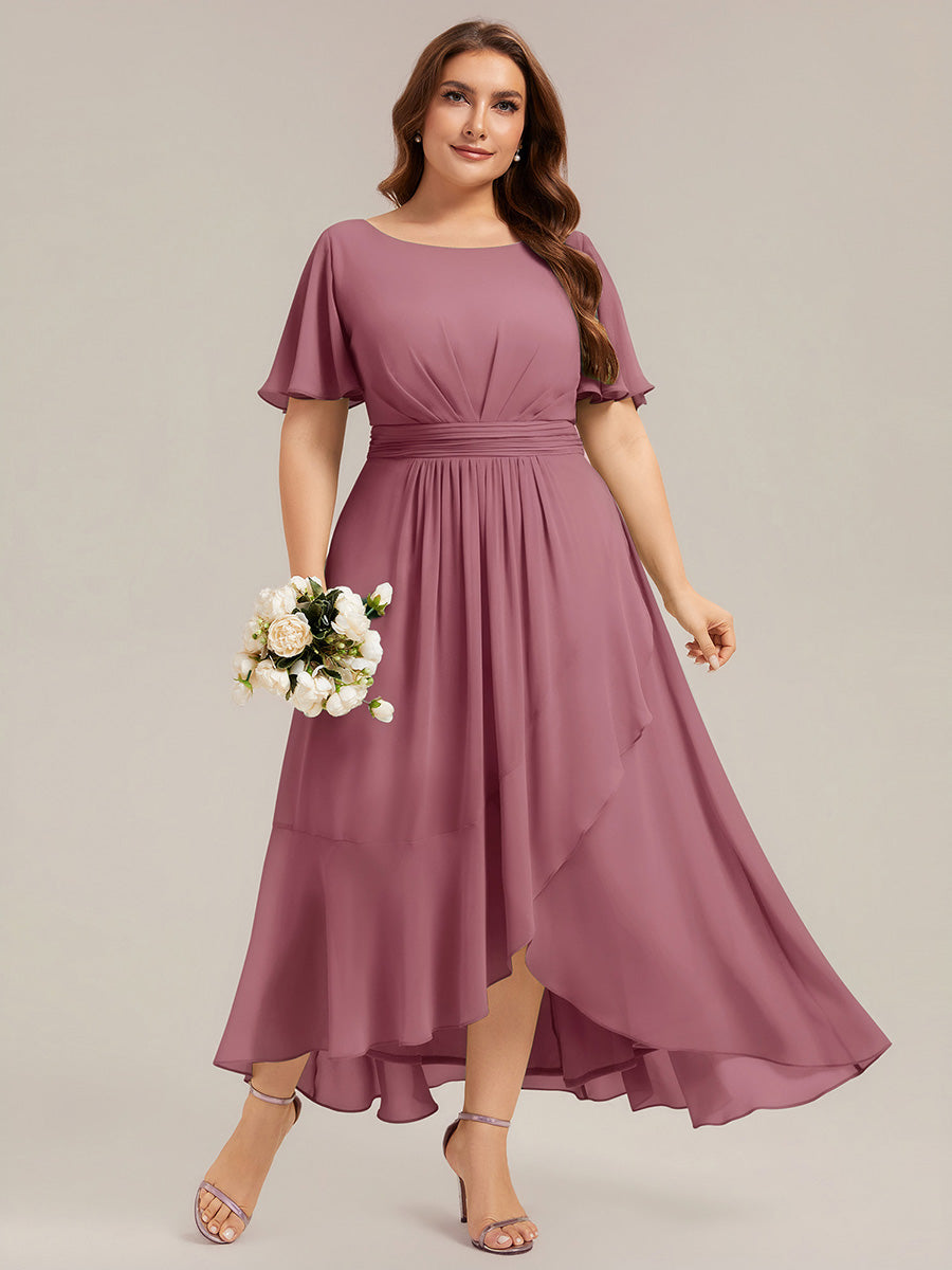 High-Low Chiffon Kleid Mit Rundhalsausschnitt Asymmetrischem Saum Gerüschten Und Rüschen Details Faltenoptik #Farbe_Orchideenviolett