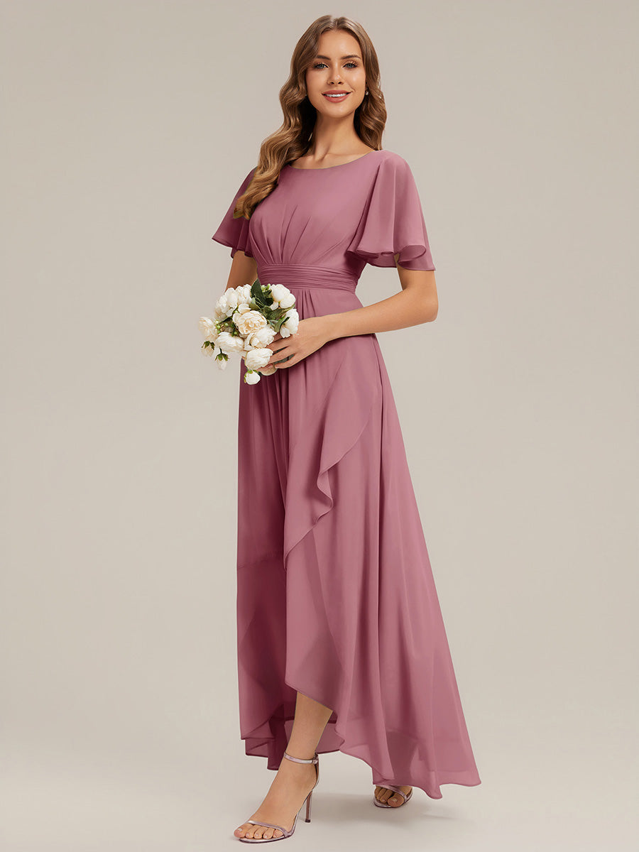 High-Low Chiffon Kleid Mit Rundhalsausschnitt Asymmetrischem Saum Gerüschten Und Rüschen Details Faltenoptik #Farbe_Orchideenviolett