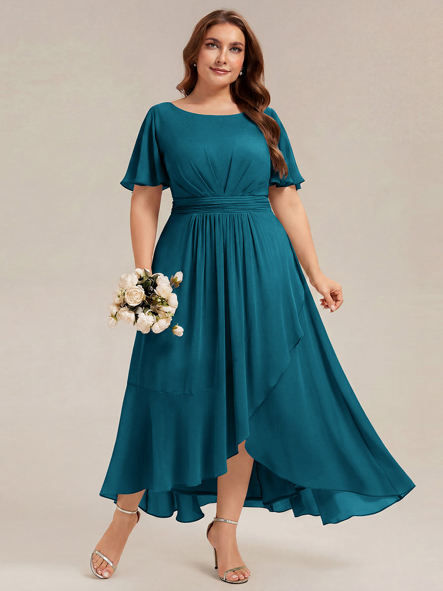 High-Low Chiffon Kleid Mit Rundhalsausschnitt Asymmetrischem Saum Gerüschten Und Rüschen Details Faltenoptik #Farbe_Petrol