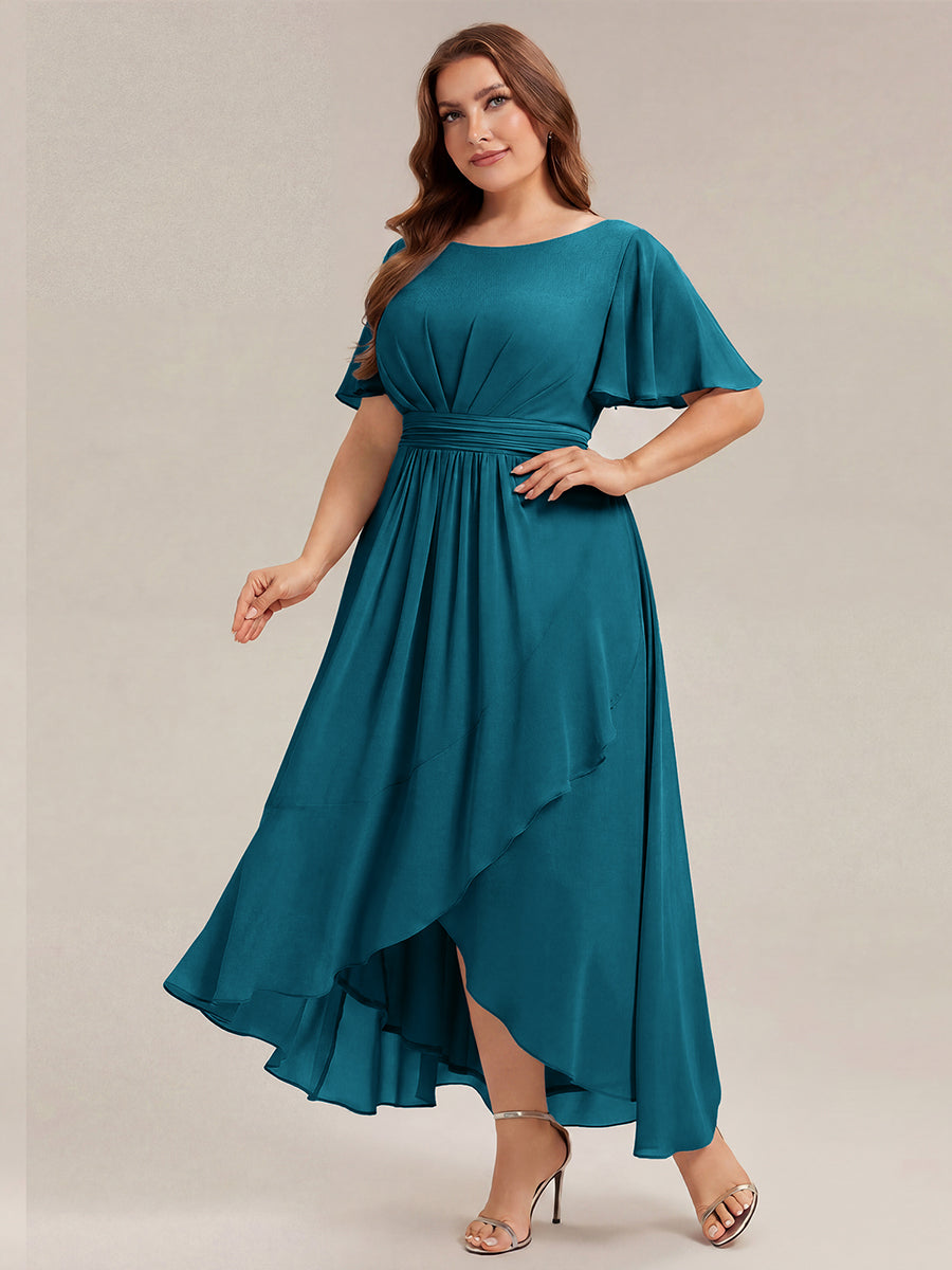 High-Low Chiffon Kleid Mit Rundhalsausschnitt Asymmetrischem Saum Gerüschten Und Rüschen Details Faltenoptik #Farbe_Petrol