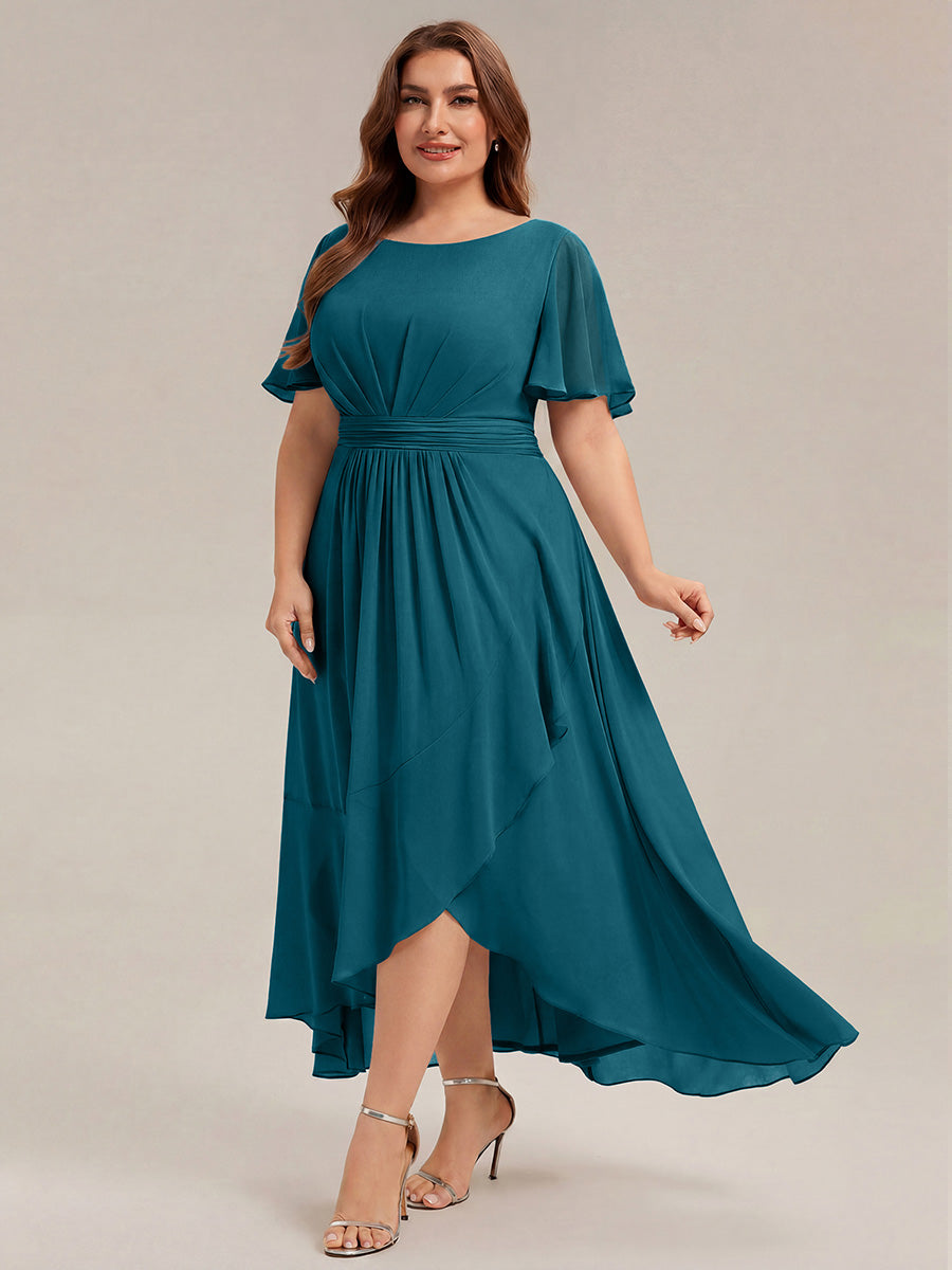 High-Low Chiffon Kleid Mit Rundhalsausschnitt Asymmetrischem Saum Gerüschten Und Rüschen Details Faltenoptik #Farbe_Petrol