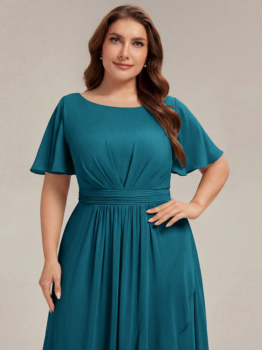 High-Low Chiffon Kleid Mit Rundhalsausschnitt Asymmetrischem Saum Gerüschten Und Rüschen Details Faltenoptik #Farbe_Petrol