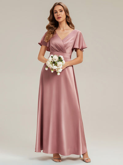 Maxi V-Ausschnitt A-Linie Satin Kleid Mit Raffungen #Farbe_Orchideenviolett