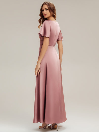 Maxi V-Ausschnitt A-Linie Satin Kleid Mit Raffungen #Farbe_Orchideenviolett
