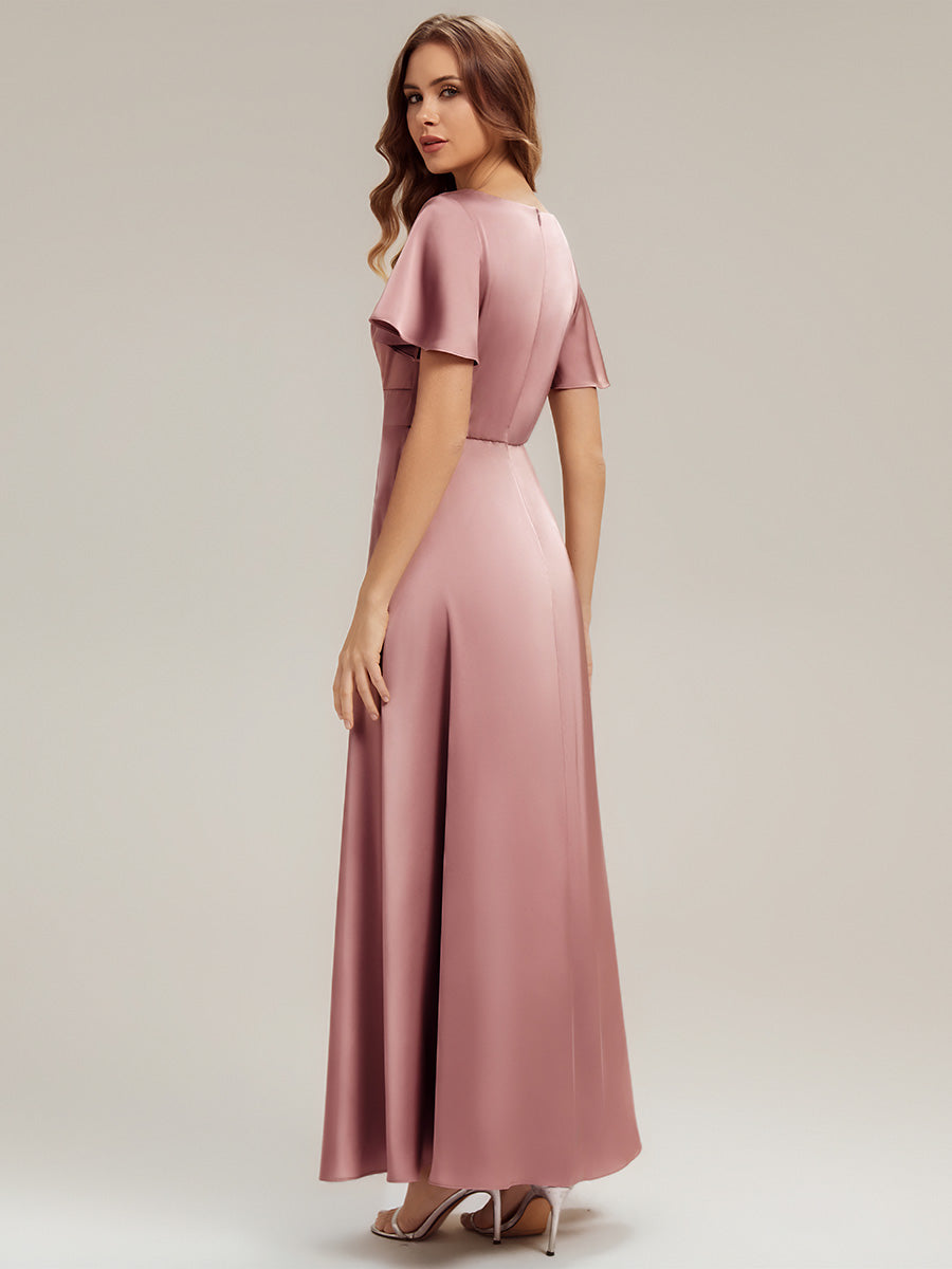 Maxi V-Ausschnitt A-Linie Satin Kleid Mit Raffungen #Farbe_Orchideenviolett