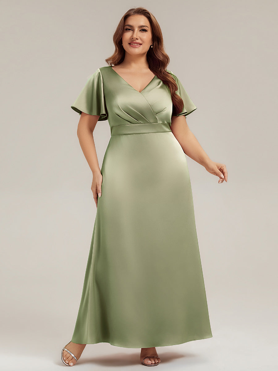 Maxi V-Ausschnitt A-Linie Satin Kleid Mit Raffungen #Farbe_Salbeigrün