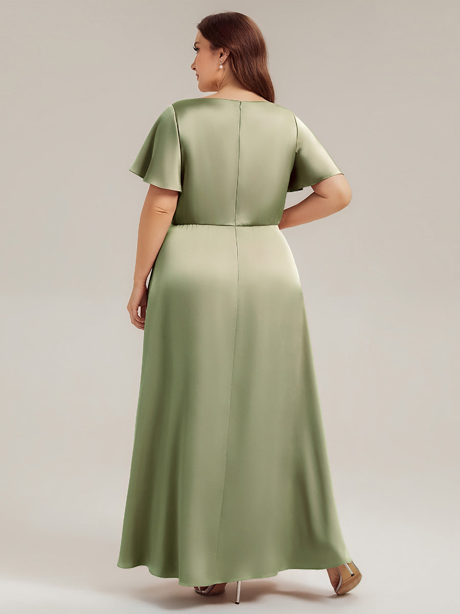 Maxi V-Ausschnitt A-Linie Satin Kleid Mit Raffungen #Farbe_Salbeigrün