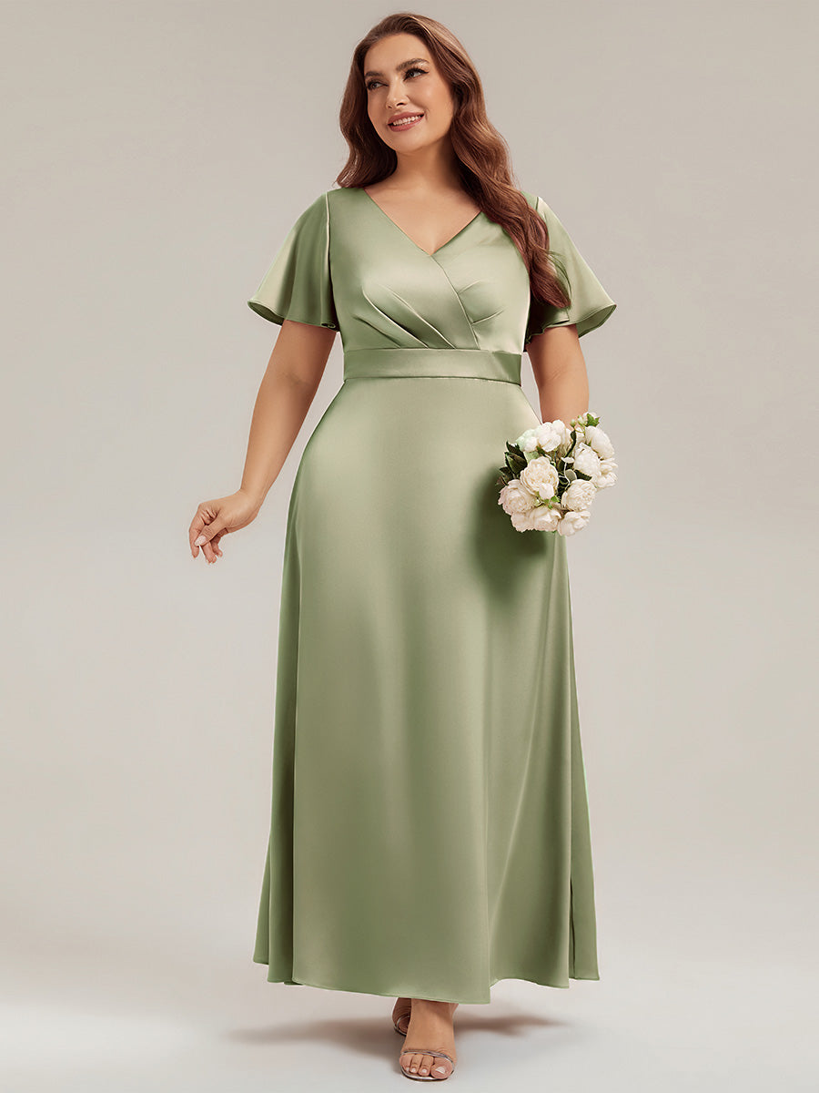 Maxi V-Ausschnitt A-Linie Satin Kleid Mit Raffungen #Farbe_Salbeigrün