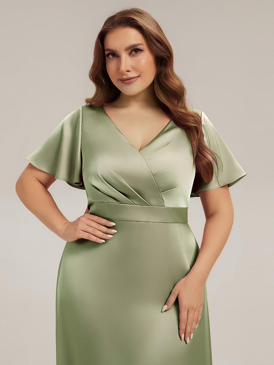 Maxi V-Ausschnitt A-Linie Satin Kleid Mit Raffungen #Farbe_Salbeigrün