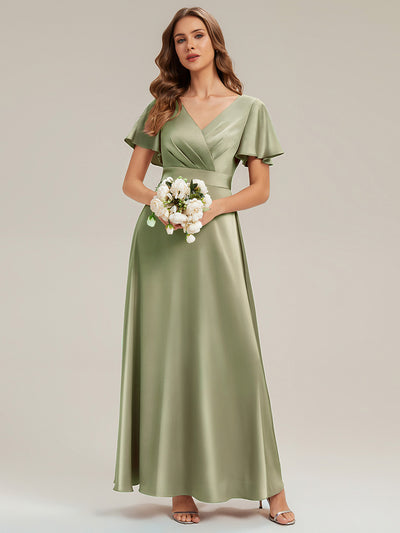 Maxi V-Ausschnitt A-Linie Satin Kleid Mit Raffungen #Farbe_Salbeigrün