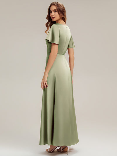 Maxi V-Ausschnitt A-Linie Satin Kleid Mit Raffungen #Farbe_Salbeigrün