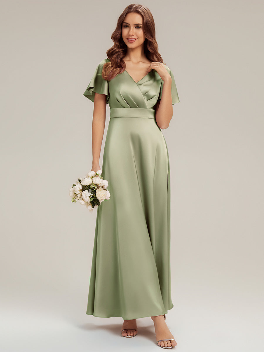 Maxi V-Ausschnitt A-Linie Satin Kleid Mit Raffungen #Farbe_Salbeigrün