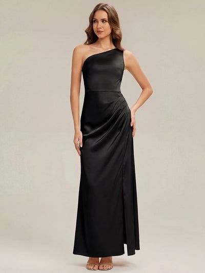 Bodenlanger Asymmetrischer Sheath Satin Kleid Mit Hohem Schlitz Elegantes Abendkleid #Farbe_Schwarz