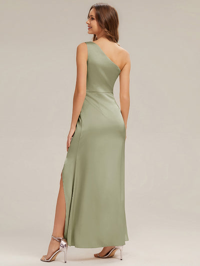 Bodenlanger Asymmetrischer Sheath Satin Kleid Mit Hohem Schlitz Elegantes Abendkleid #Farbe_Salbeigrün