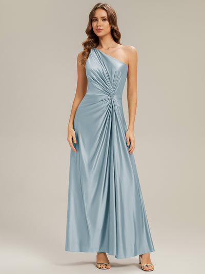 Bodenlanger Asymmetrischer A-Linien Satin Kleid Mit Hohem Schlitz Und Geknotetem Detail #Farbe_Himmelblau