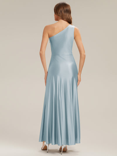 Bodenlanger Asymmetrischer A-Linien Satin Kleid Mit Hohem Schlitz Und Geknotetem Detail #Farbe_Himmelblau