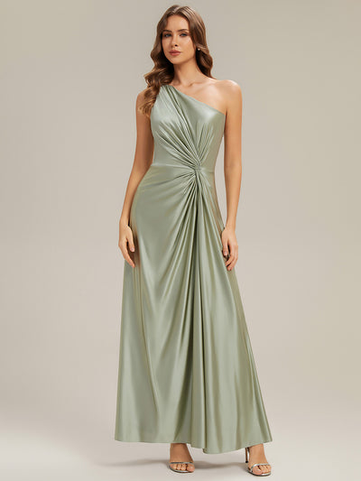 Bodenlanger Asymmetrischer A-Linien Satin Kleid Mit Hohem Schlitz Und Geknotetem Detail #Farbe_Salbeigrün