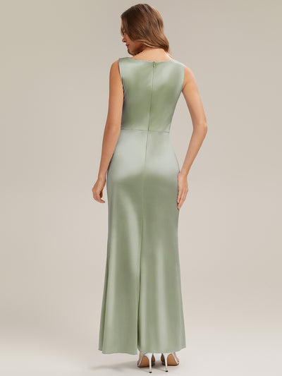 Bodenlanger Cowl Neck Meerjungfrau Satin Kleid Mit Hohem Schlitz Elegantes Design Kleid #Farbe_Salbeigrün