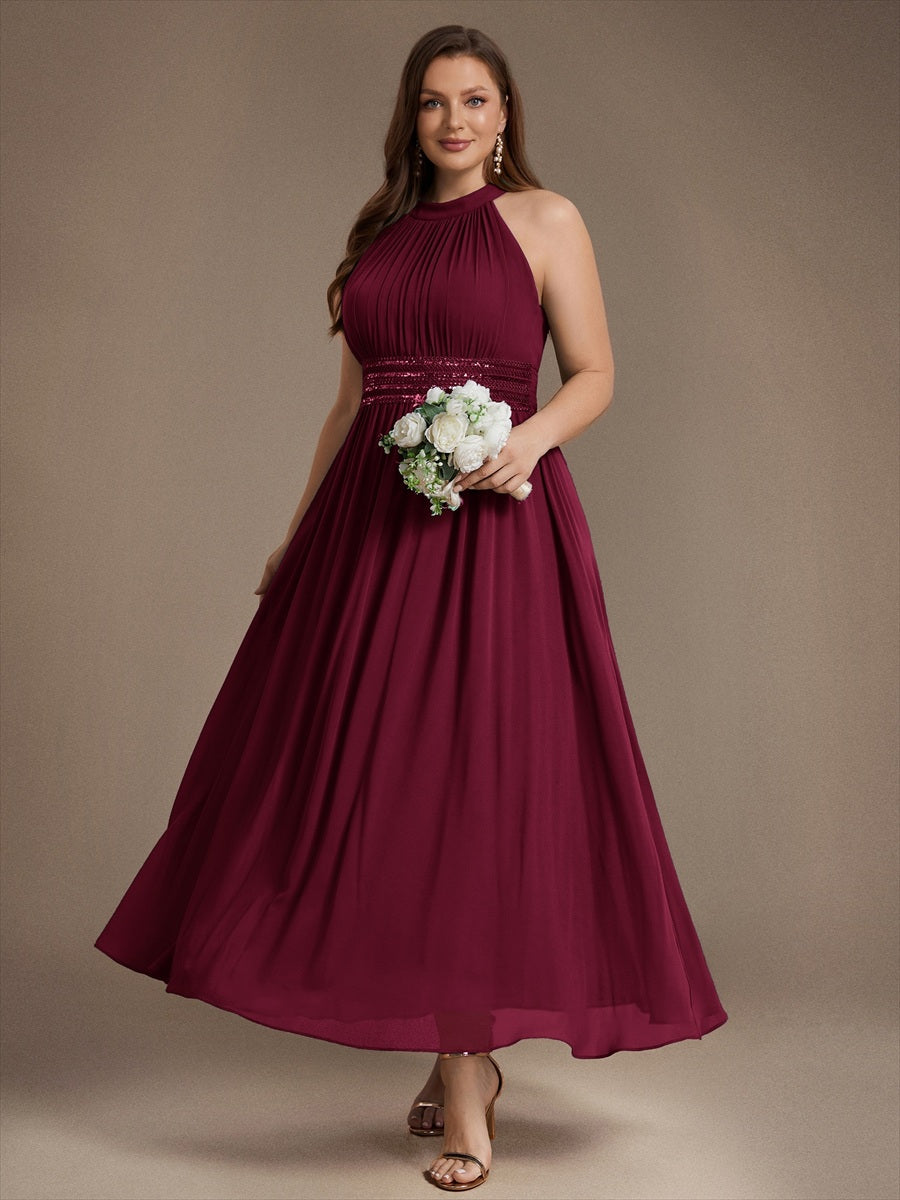 Maxilänge Halternacken Ausschnitt A-Linien Kleid Aus Chiffon Mit Corsage Für Elegante Anlässe Kleid #Farbe_Burgunderrot