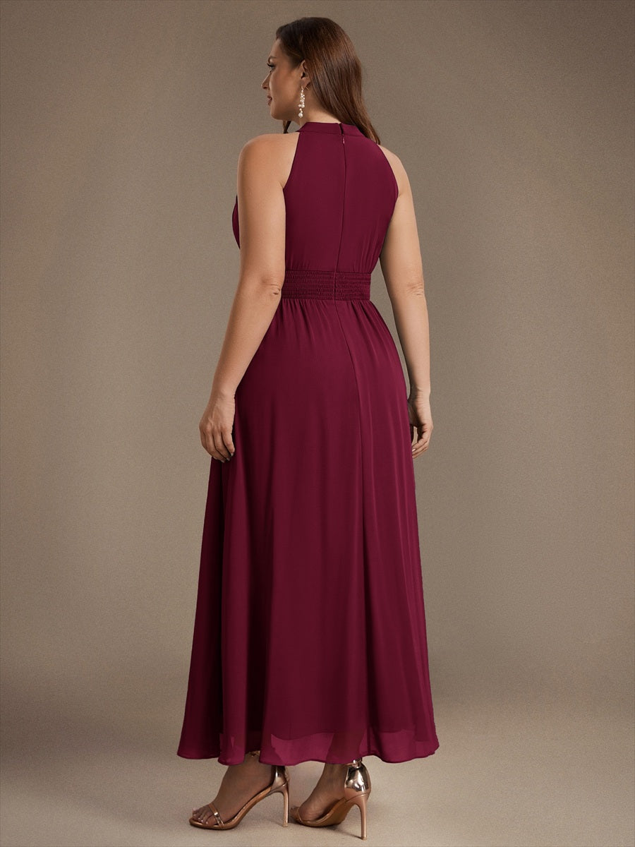 Maxilänge Halternacken Ausschnitt A-Linien Kleid Aus Chiffon Mit Corsage Für Elegante Anlässe Kleid #Farbe_Burgunderrot