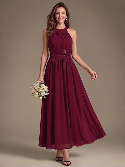 Maxilänge Halternacken Ausschnitt A-Linien Kleid Aus Chiffon Mit Corsage Für Elegante Anlässe Kleid #Farbe_Burgunderrot