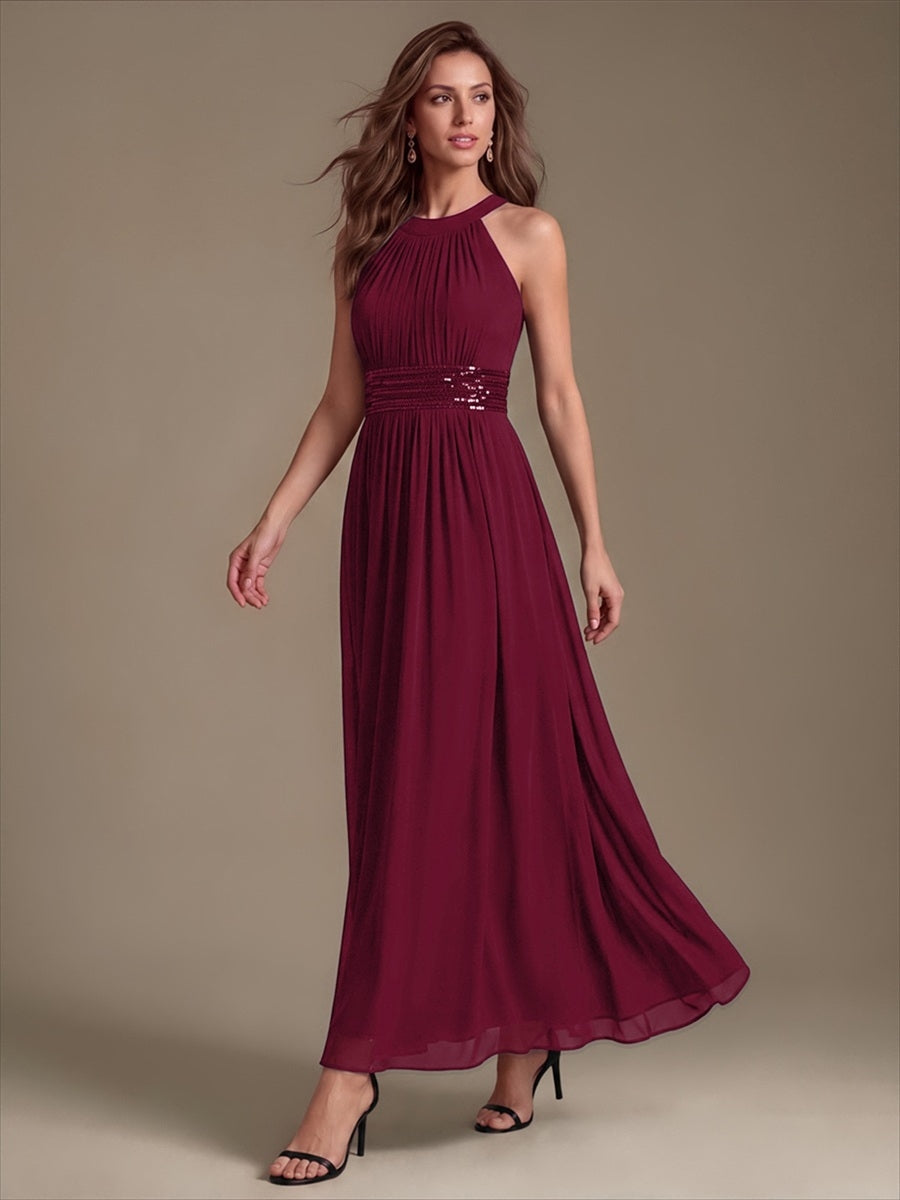 Maxilänge Halternacken Ausschnitt A-Linien Kleid Aus Chiffon Mit Corsage Für Elegante Anlässe Kleid #Farbe_Burgunderrot