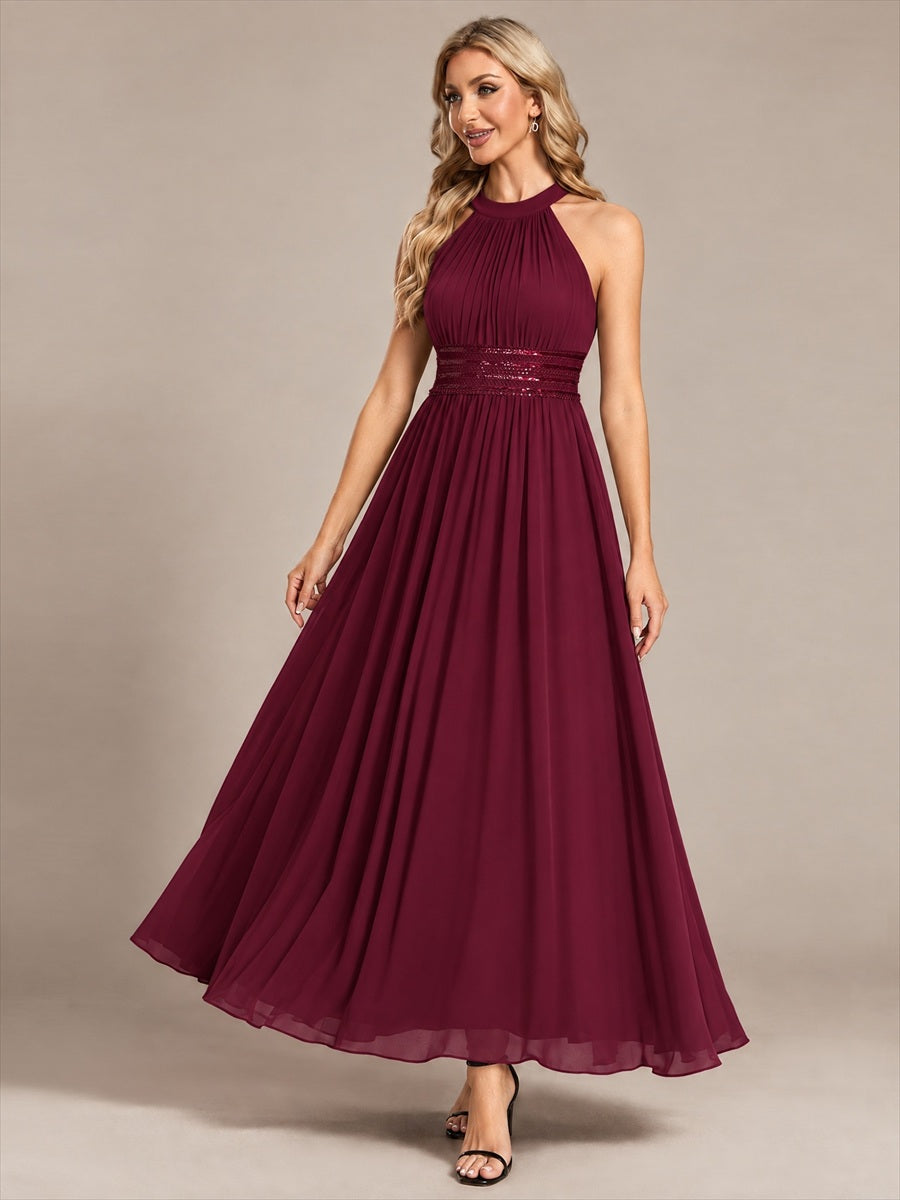 Maxilänge Halternacken Ausschnitt A-Linien Kleid Aus Chiffon Mit Corsage Für Elegante Anlässe Kleid #Farbe_Burgunderrot