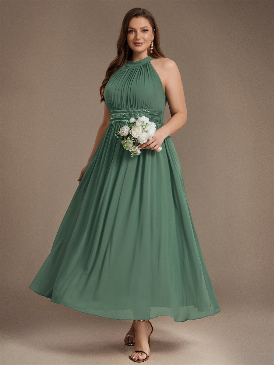 Maxilänge Halternacken Ausschnitt A-Linien Kleid Aus Chiffon Mit Corsage Für Elegante Anlässe Kleid #Farbe_Eukalyptus