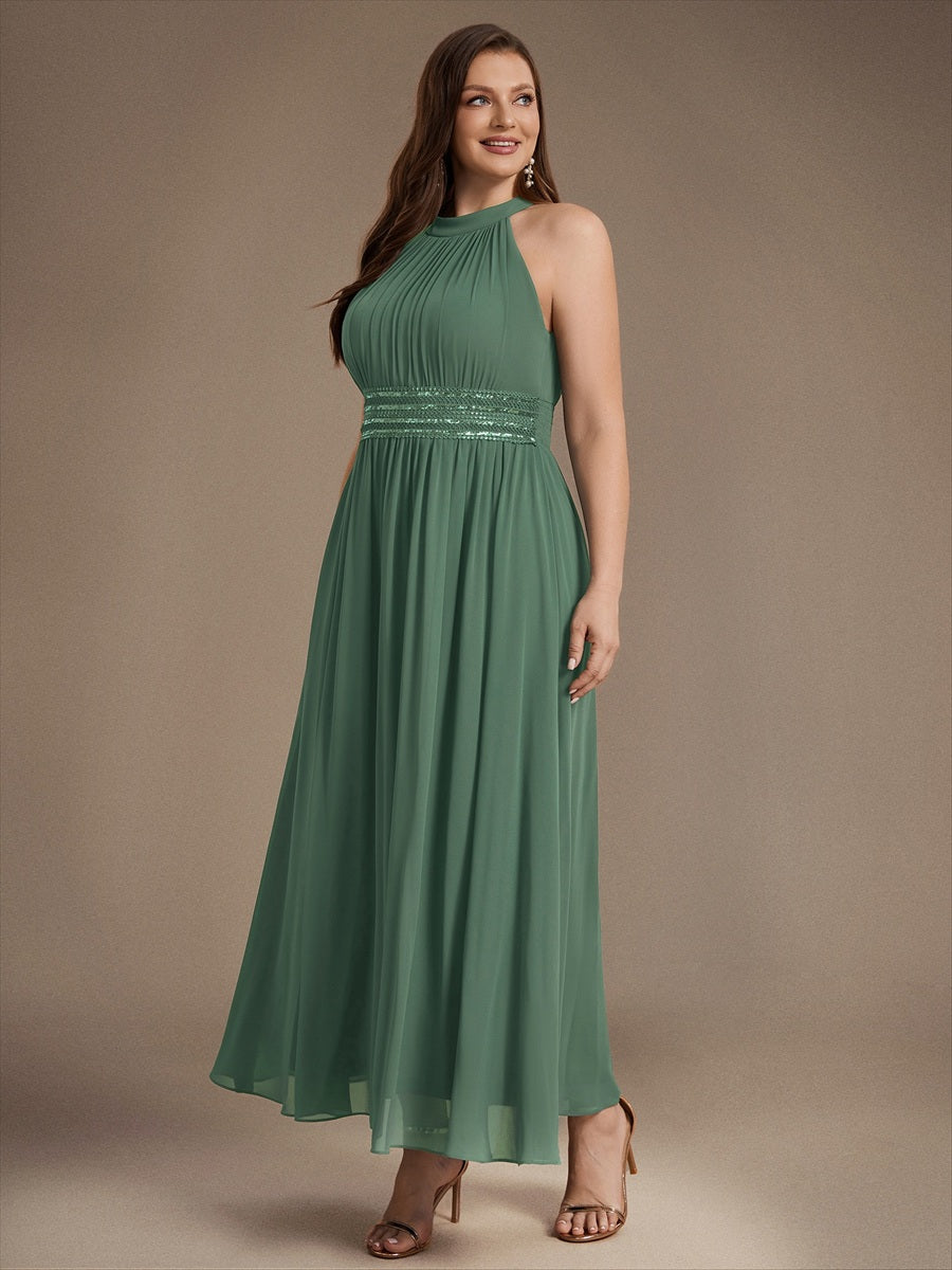 Maxilänge Halternacken Ausschnitt A-Linien Kleid Aus Chiffon Mit Corsage Für Elegante Anlässe Kleid #Farbe_Eukalyptus