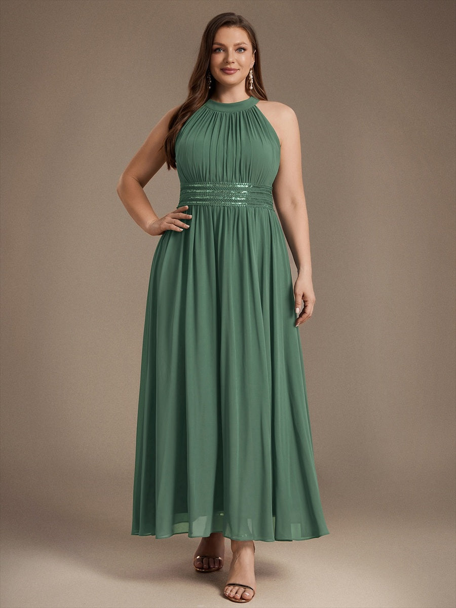 Maxilänge Halternacken Ausschnitt A-Linien Kleid Aus Chiffon Mit Corsage Für Elegante Anlässe Kleid #Farbe_Eukalyptus