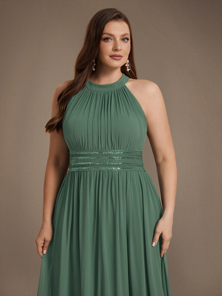 Maxilänge Halternacken Ausschnitt A-Linien Kleid Aus Chiffon Mit Corsage Für Elegante Anlässe Kleid #Farbe_Eukalyptus