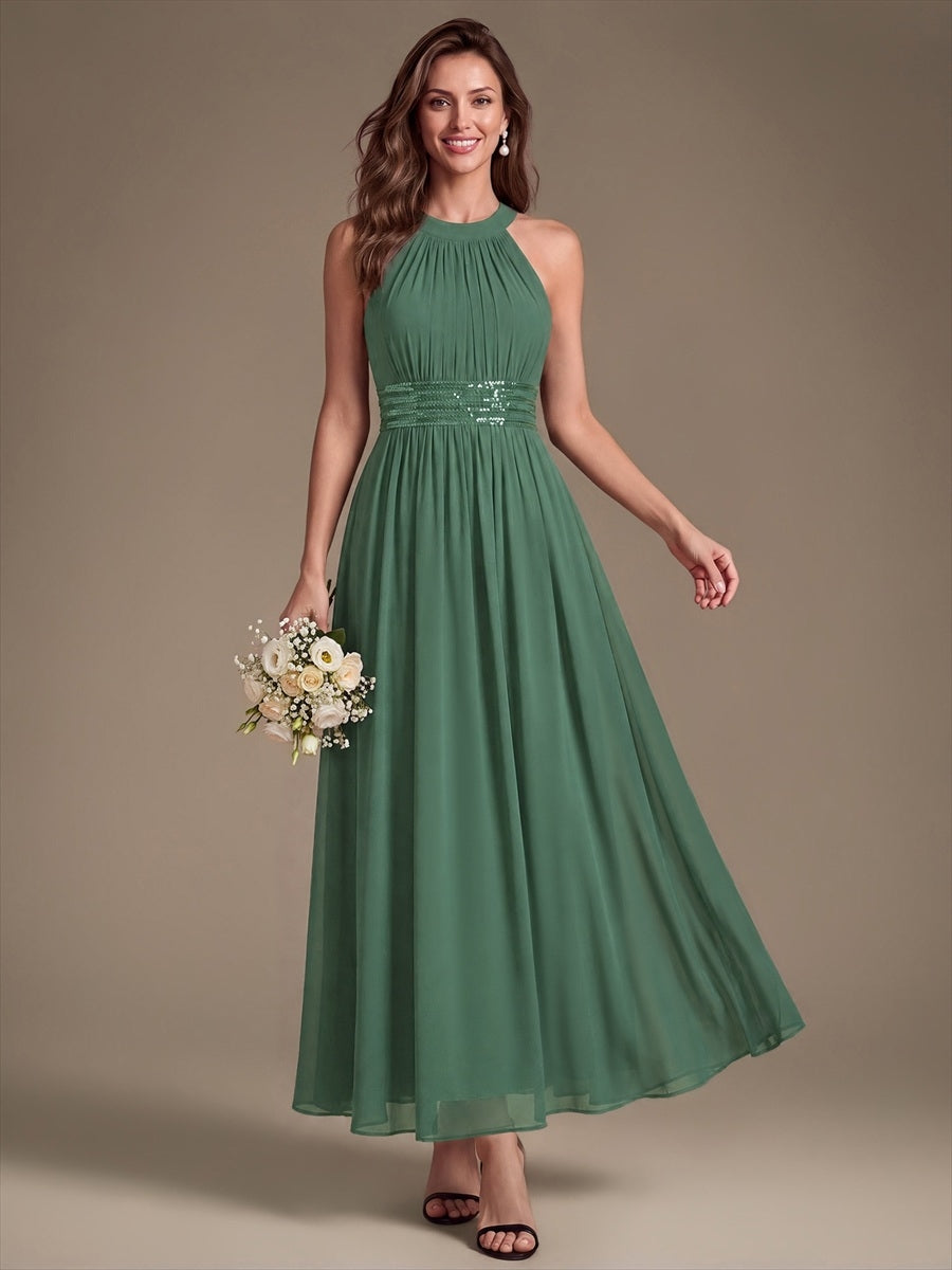 Maxilänge Halternacken Ausschnitt A-Linien Kleid Aus Chiffon Mit Corsage Für Elegante Anlässe Kleid #Farbe_Eukalyptus