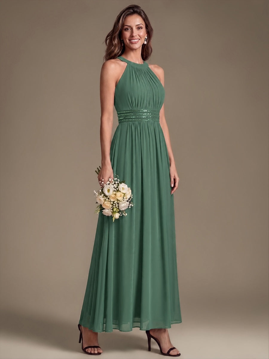 Maxilänge Halternacken Ausschnitt A-Linien Kleid Aus Chiffon Mit Corsage Für Elegante Anlässe Kleid #Farbe_Eukalyptus