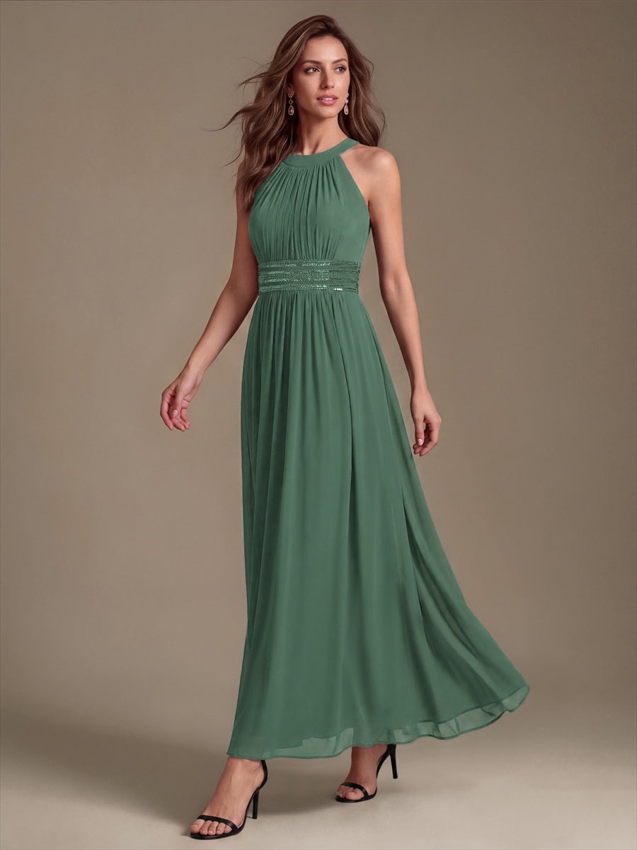 Maxilänge Halternacken Ausschnitt A-Linien Kleid Aus Chiffon Mit Corsage Für Elegante Anlässe Kleid #Farbe_Eukalyptus