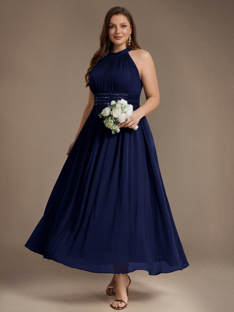 Maxilänge Halternacken Ausschnitt A-Linien Kleid Aus Chiffon Mit Corsage Für Elegante Anlässe Kleid #Farbe_Marineblau