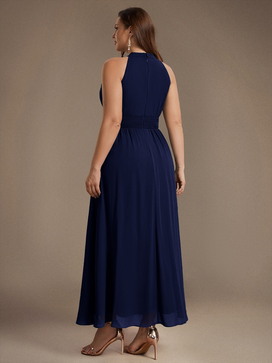 Maxilänge Halternacken Ausschnitt A-Linien Kleid Aus Chiffon Mit Corsage Für Elegante Anlässe Kleid #Farbe_Marineblau
