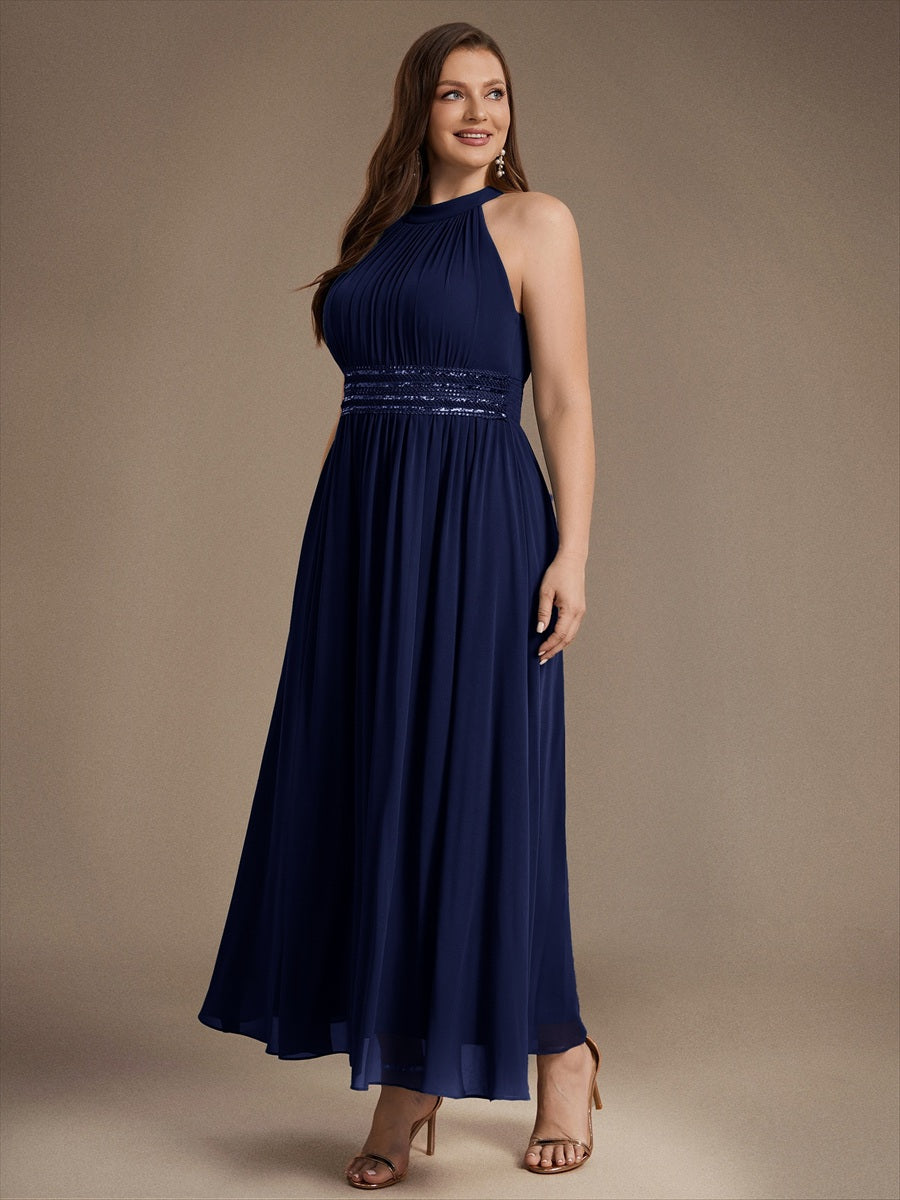 Maxilänge Halternacken Ausschnitt A-Linien Kleid Aus Chiffon Mit Corsage Für Elegante Anlässe Kleid #Farbe_Marineblau