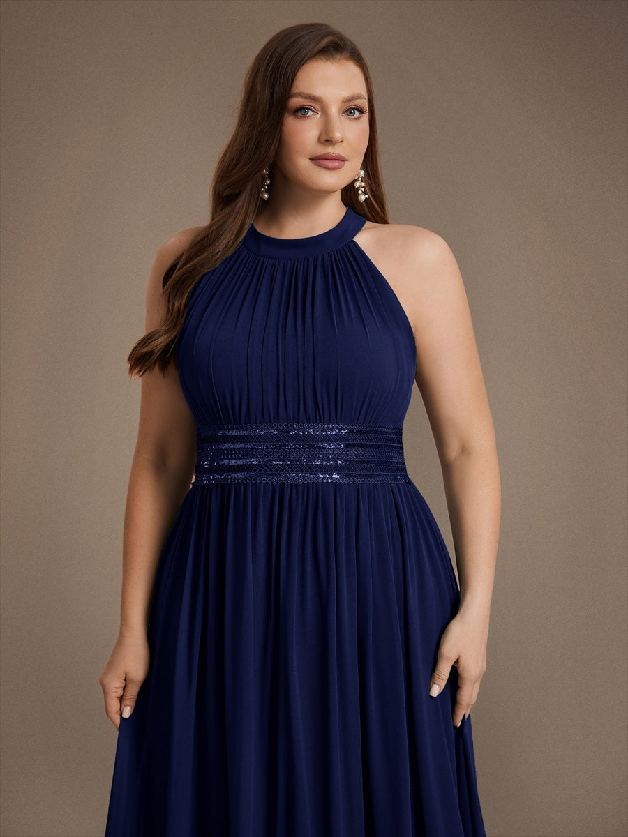 Maxilänge Halternacken Ausschnitt A-Linien Kleid Aus Chiffon Mit Corsage Für Elegante Anlässe Kleid #Farbe_Marineblau