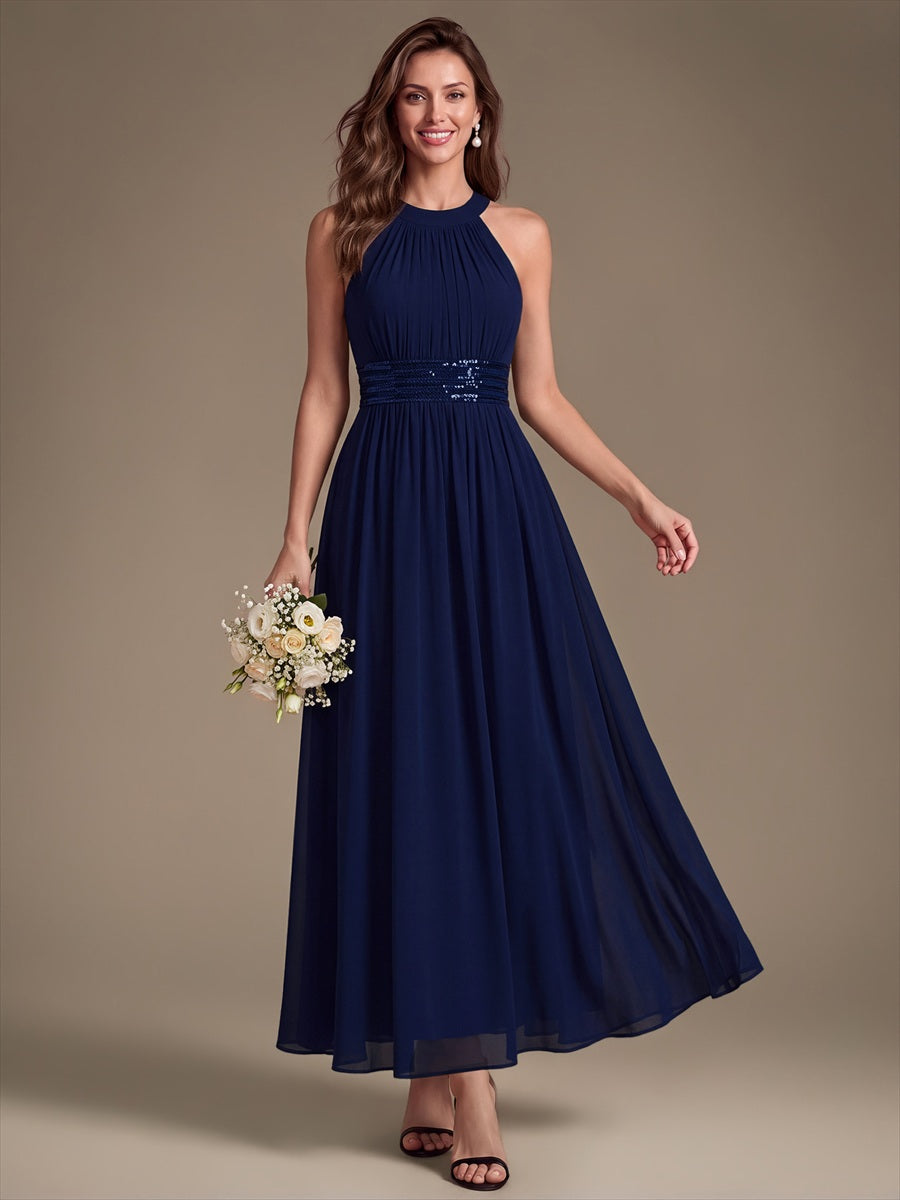 Maxilänge Halternacken Ausschnitt A-Linien Kleid Aus Chiffon Mit Corsage Für Elegante Anlässe Kleid #Farbe_Marineblau
