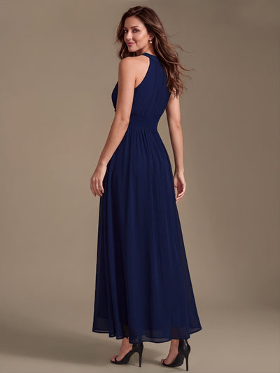 Maxilänge Halternacken Ausschnitt A-Linien Kleid Aus Chiffon Mit Corsage Für Elegante Anlässe Kleid #Farbe_Marineblau