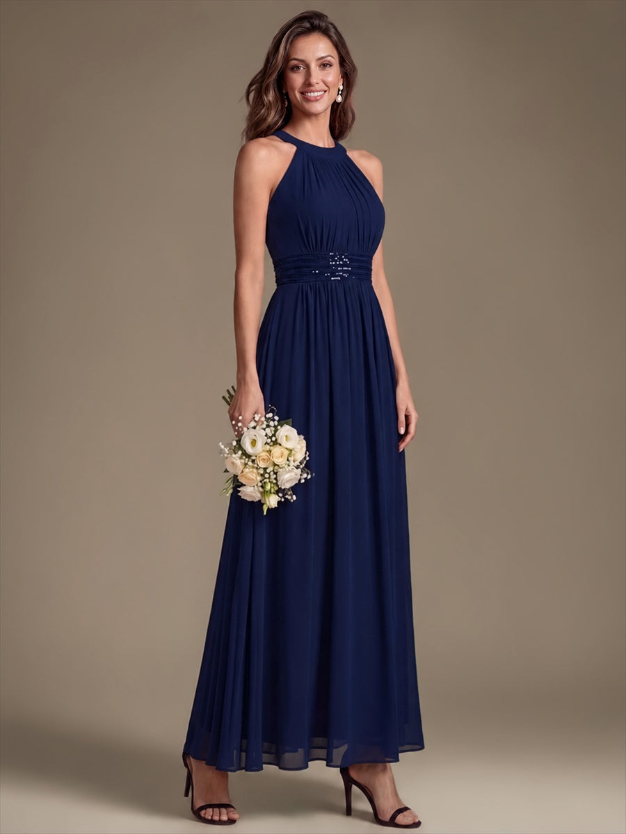 Maxilänge Halternacken Ausschnitt A-Linien Kleid Aus Chiffon Mit Corsage Für Elegante Anlässe Kleid #Farbe_Marineblau