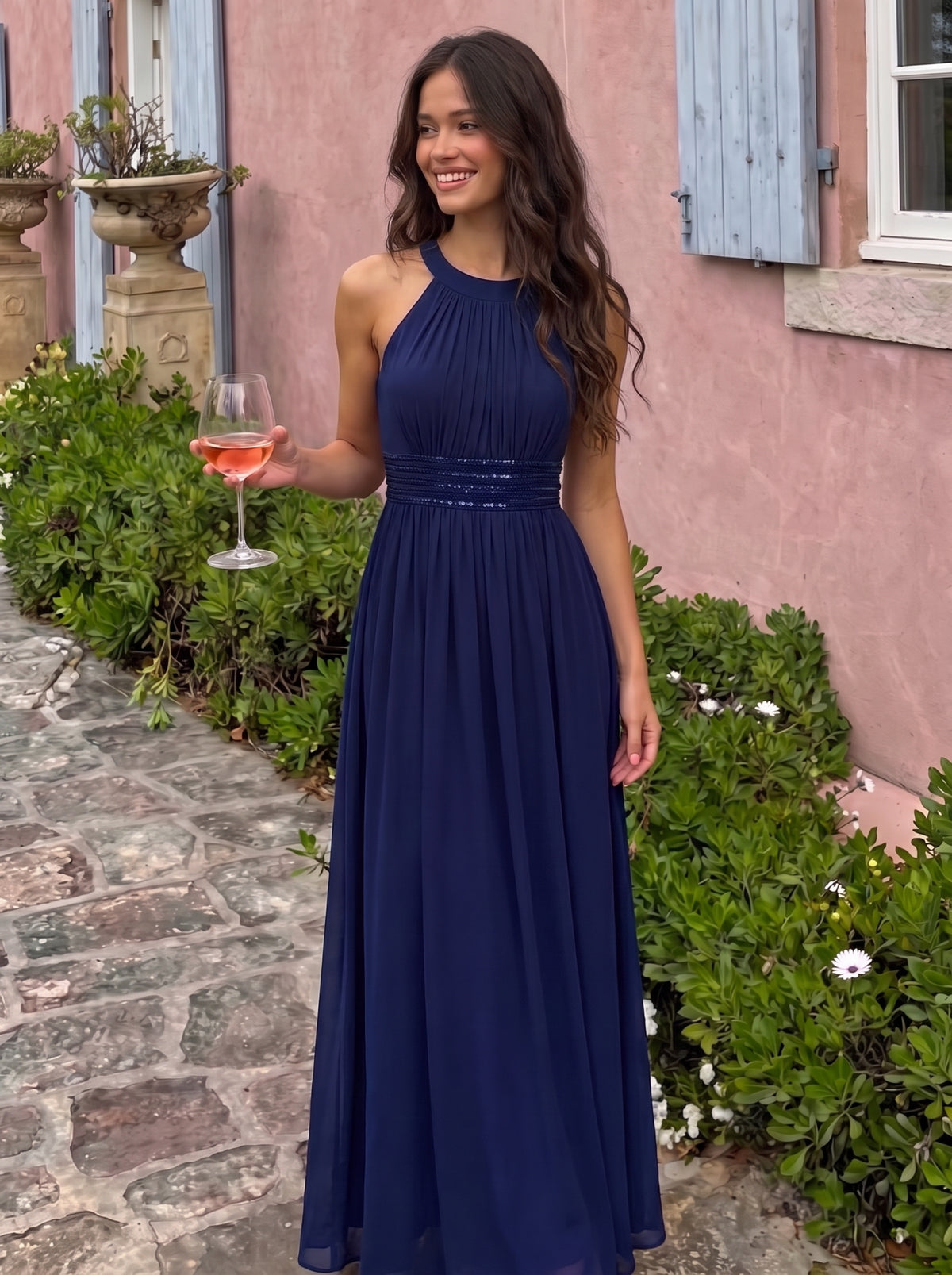 Maxilänge Halternacken Ausschnitt A-Linien Kleid Aus Chiffon Mit Corsage Für Elegante Anlässe Kleid #Farbe_Marineblau
