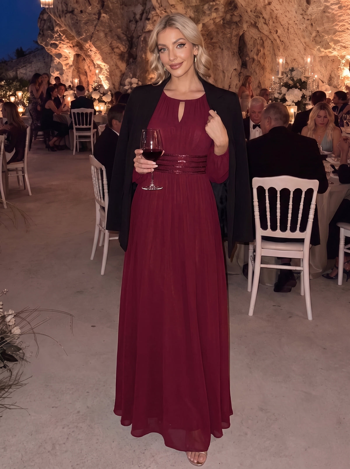 Chiffon A-Linie Puffärmel,. Nicht elastisch brautjungfernkleid #Farbe_Burgunderrot